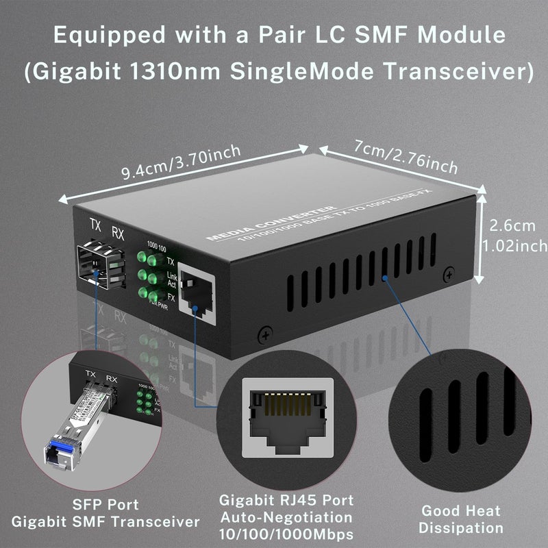 FTTPVIPS A Pair of 1.25G/s Bidi Gigabit Single-Mode Fiber Ethernet Media Converter with 2PCS Bidi SFP LC Transceiver Module Included, 10/100/1000Base-Tx to 1000Base-SX SMF RJ45 to SFP Slot up to 30KM - Image 5